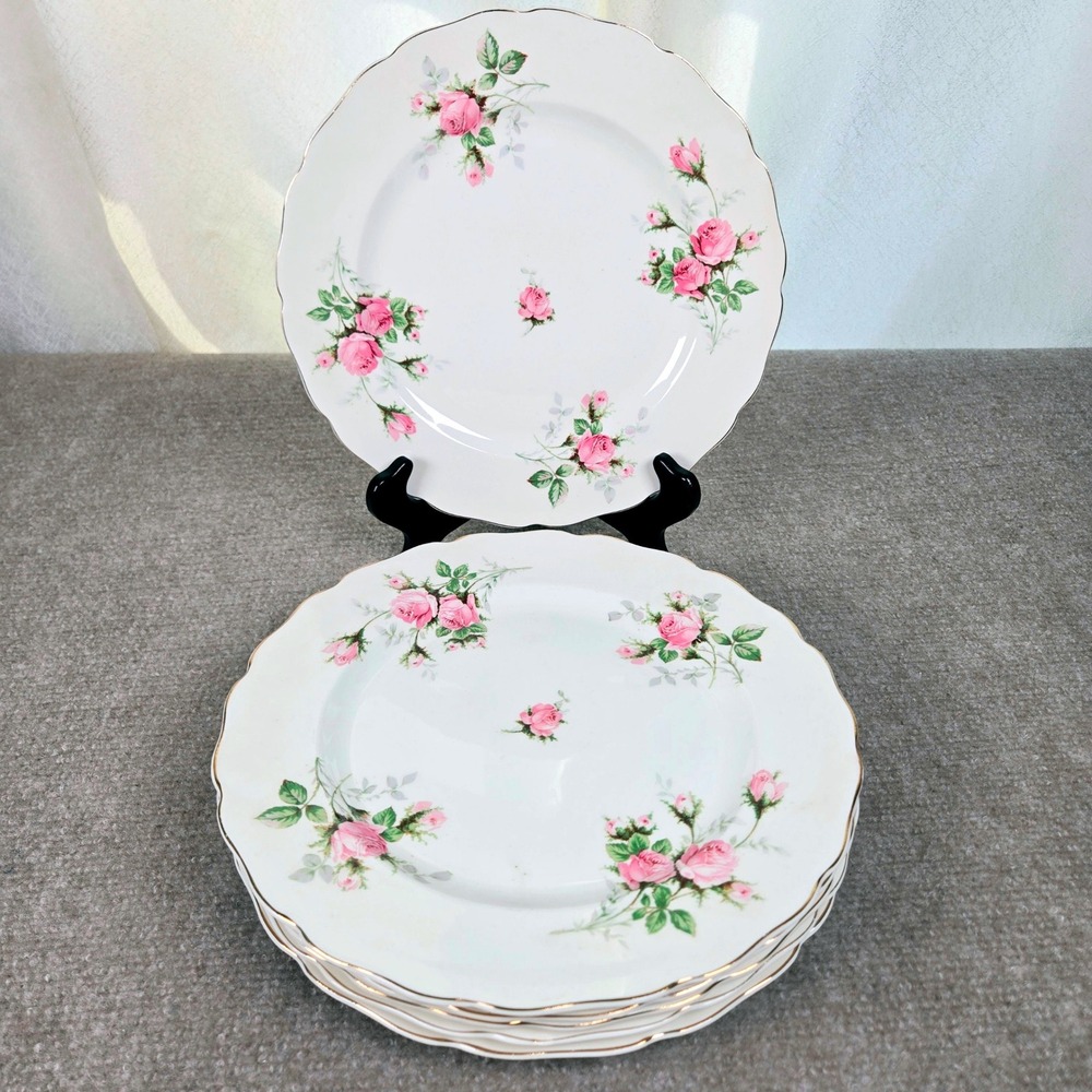 Vtg Canonsburg Pottery Rose Bouquet Dinner Plates Set of 6 Scalloped 22K Gold